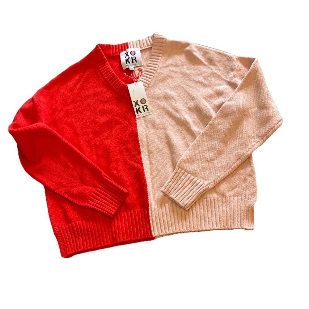 NWT XOKR Kerri Rosenthal V-neck Colorblock Knit Heart Red/Pink Sweater Small